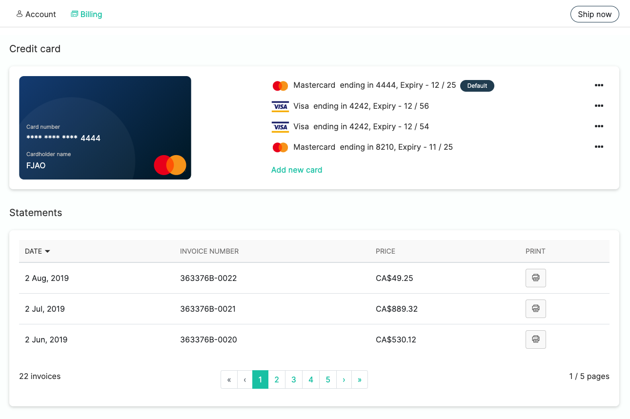 Billing page with credit cards and statements