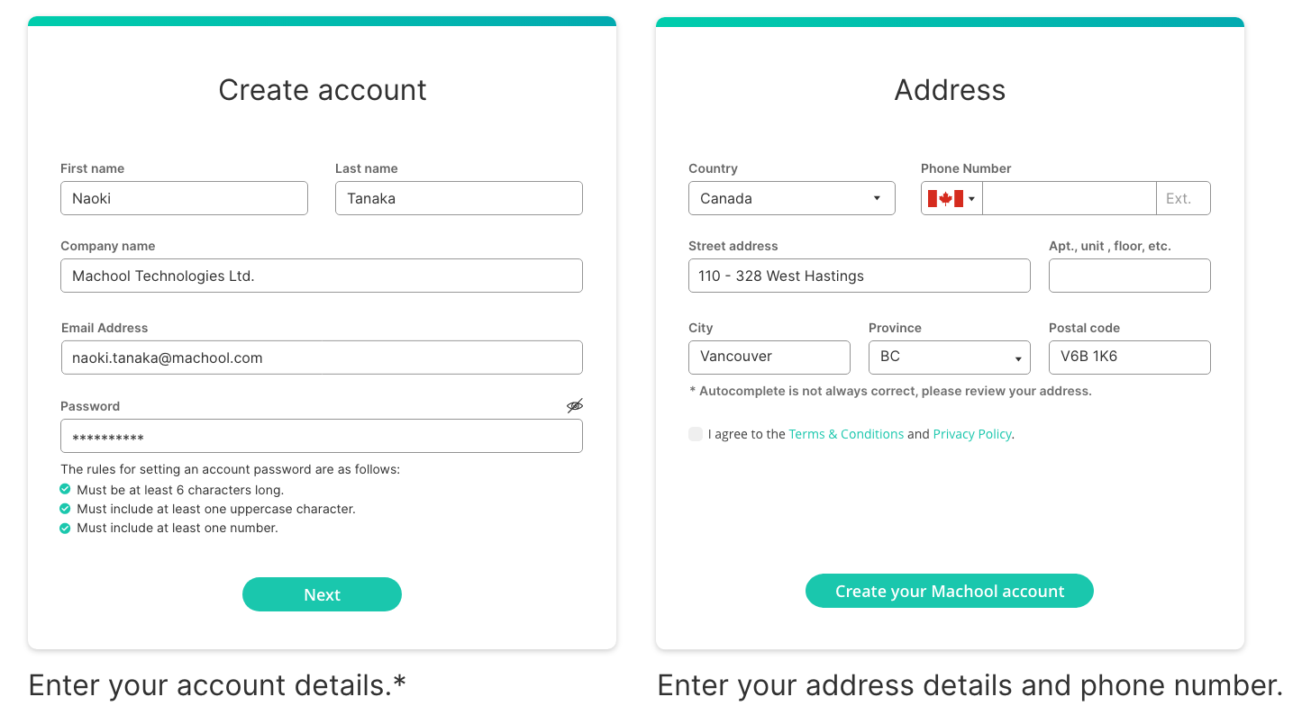 Account and address information page on sign up
