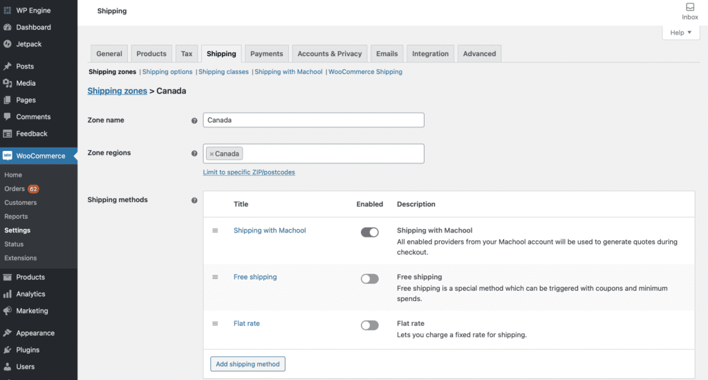 La liste des zones d'expédition dans WooCommerce