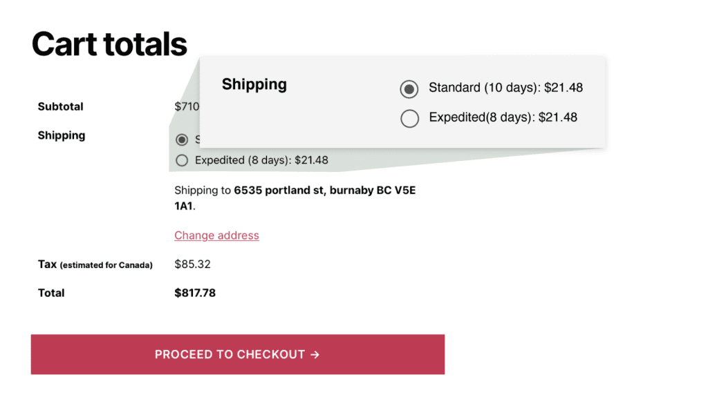 Une page de paiement WooCommerce affichant les options d'expédition Machool