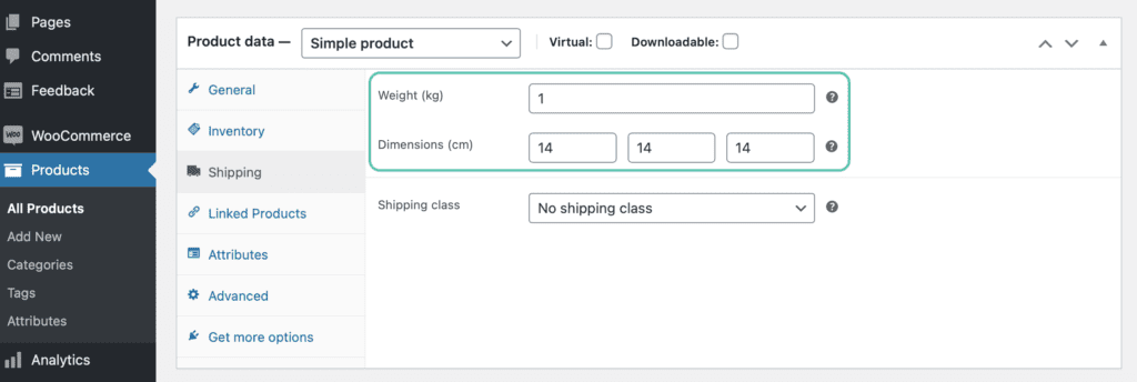 Les champs de dimensions et de poids sur une fiche produit WooCommerce