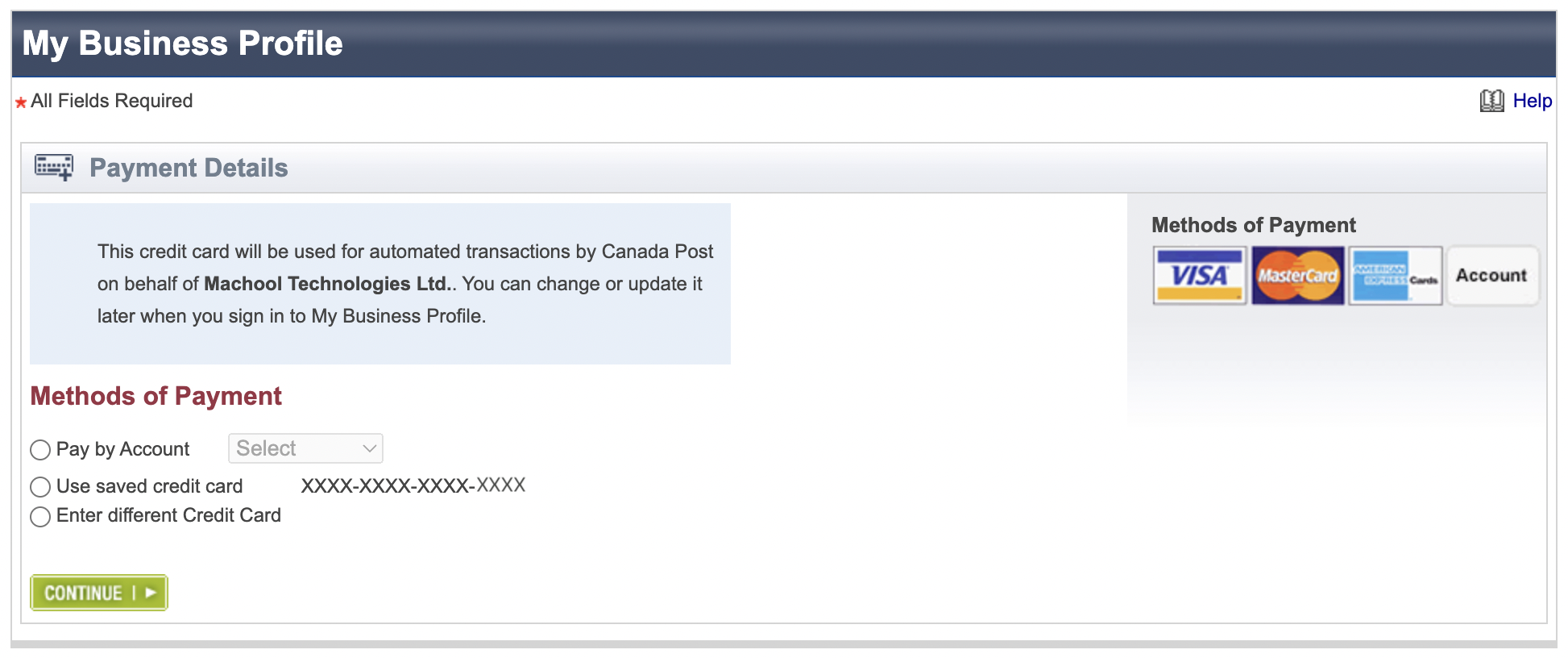 Canada Post payment page - English