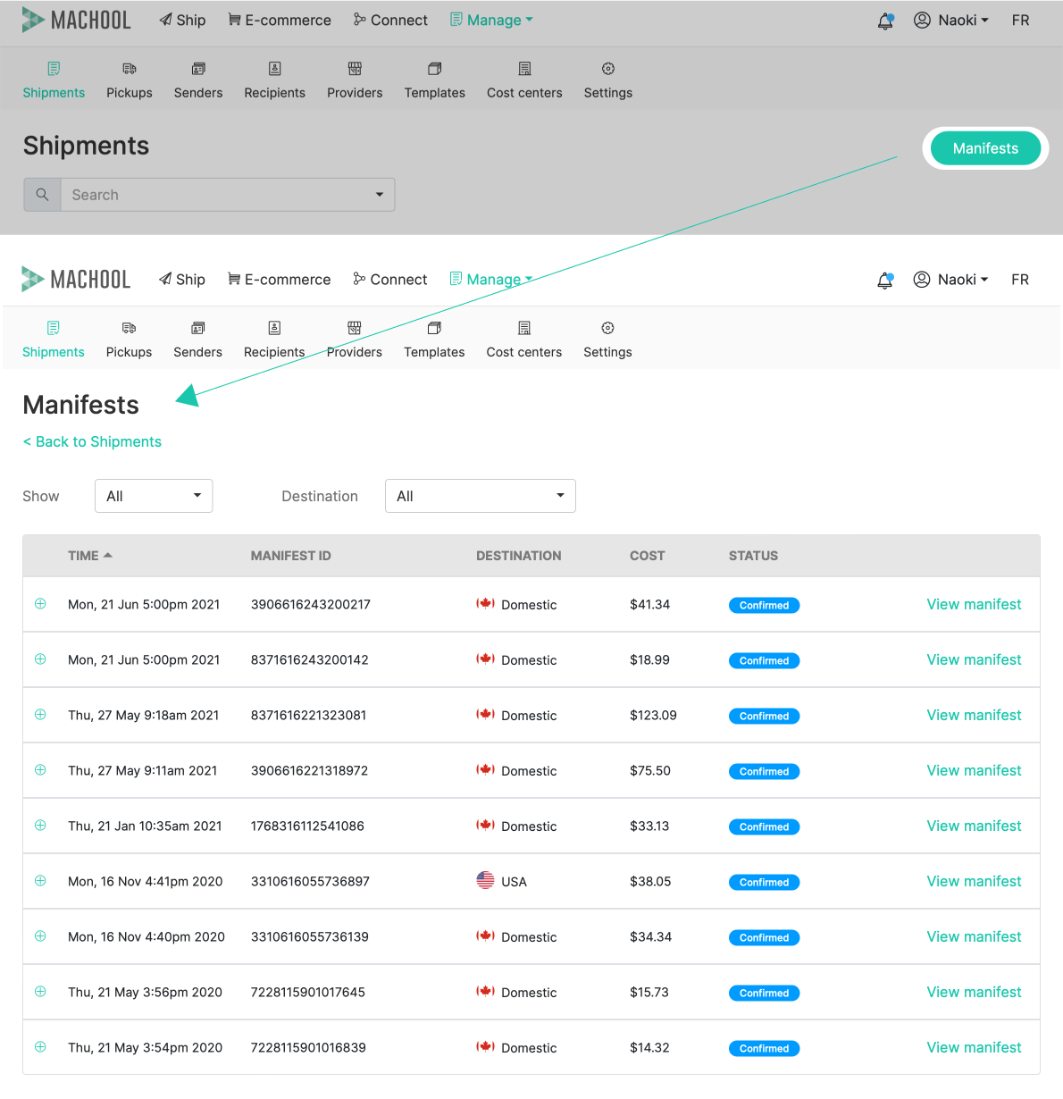 Manifest page - English