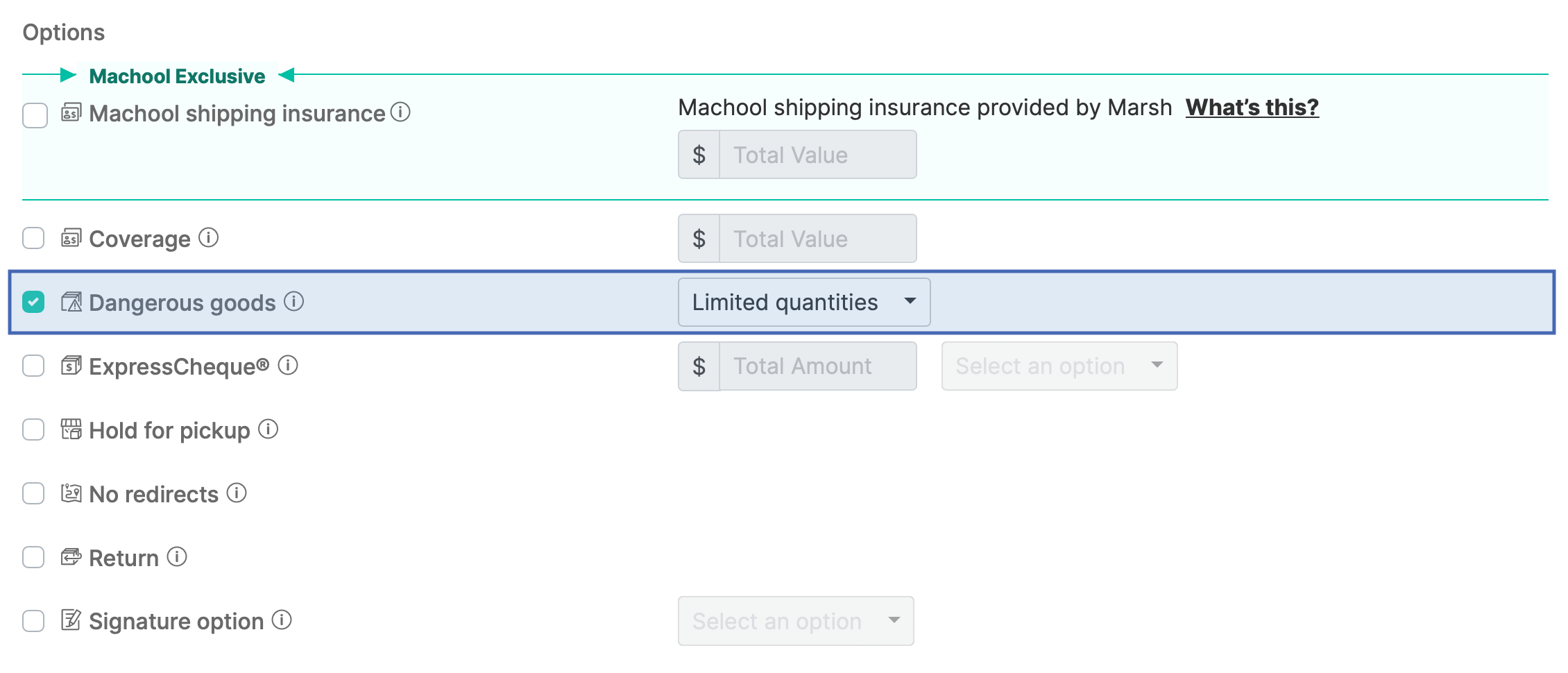 Dangerous goods option