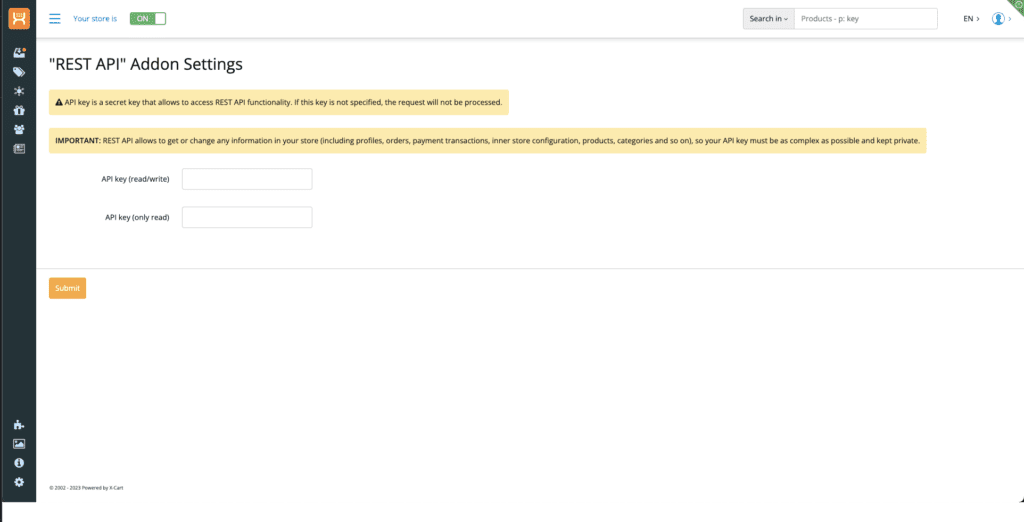 Le champ de la clé API dans les réglages de l'application REST API de X-Cart