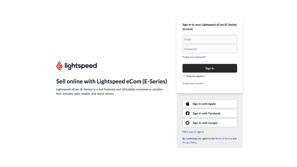 La page de connexion à l'administration d'une boutique Lightspeed E-series