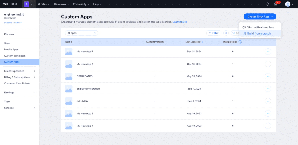 La page Applications personnalisées du tableau de bord développeur Wix