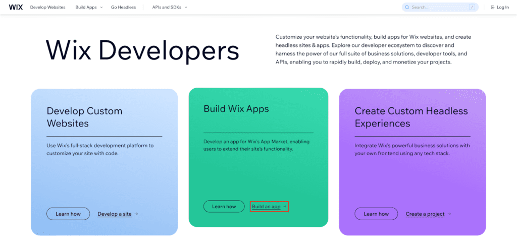 Le site des développeurs Wix, avec le lien Créer une application