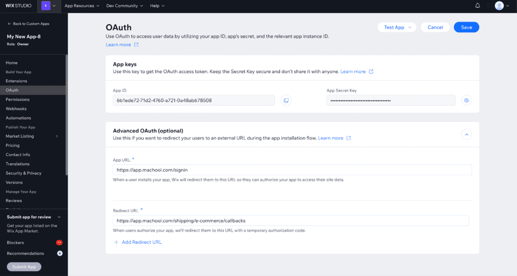 La page OAuth du tableau de bord Wix, avec les champs URL d'application et URL de redirection
