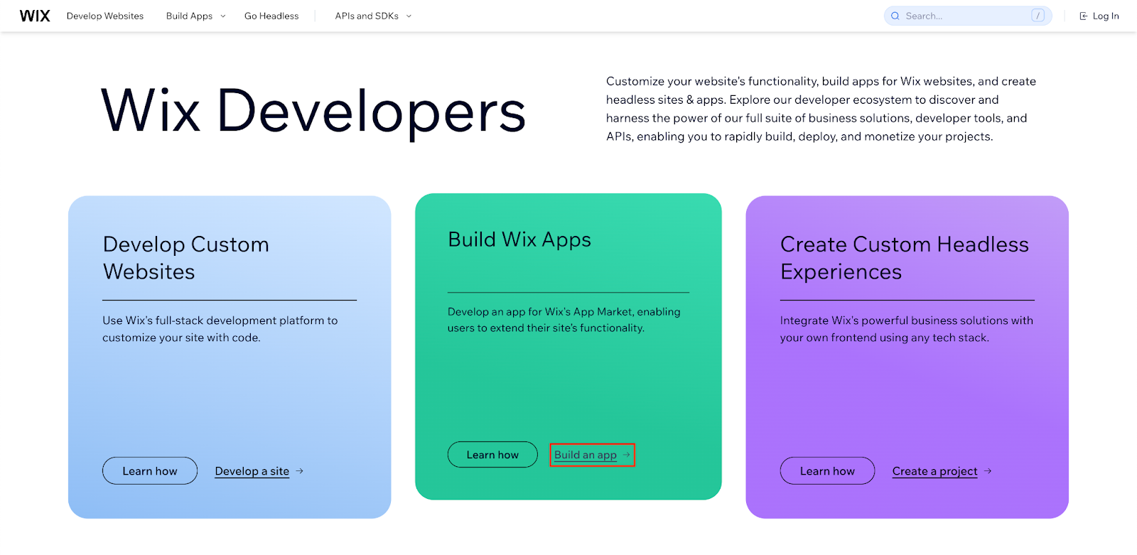 Wix developers page