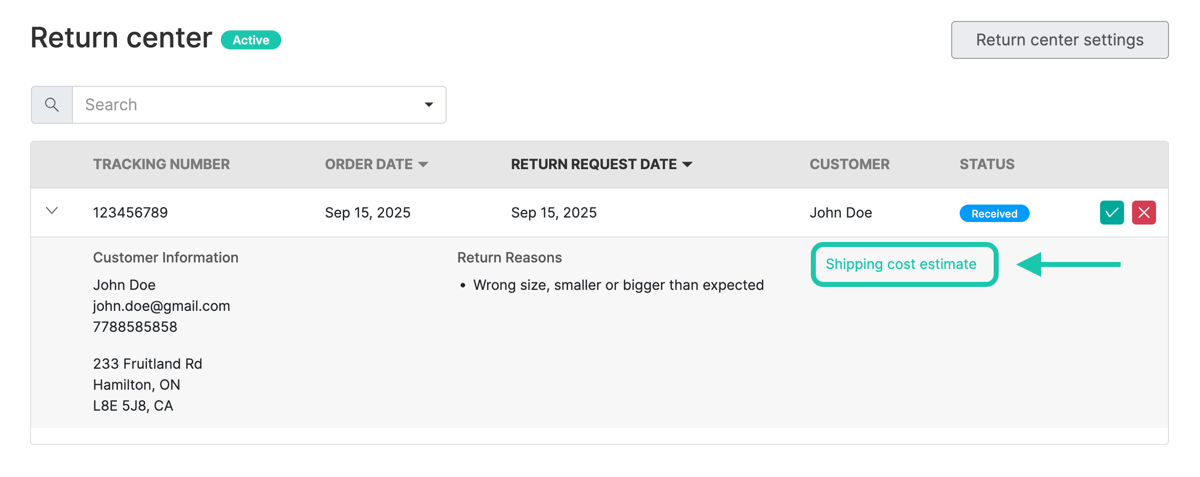 Return center management page