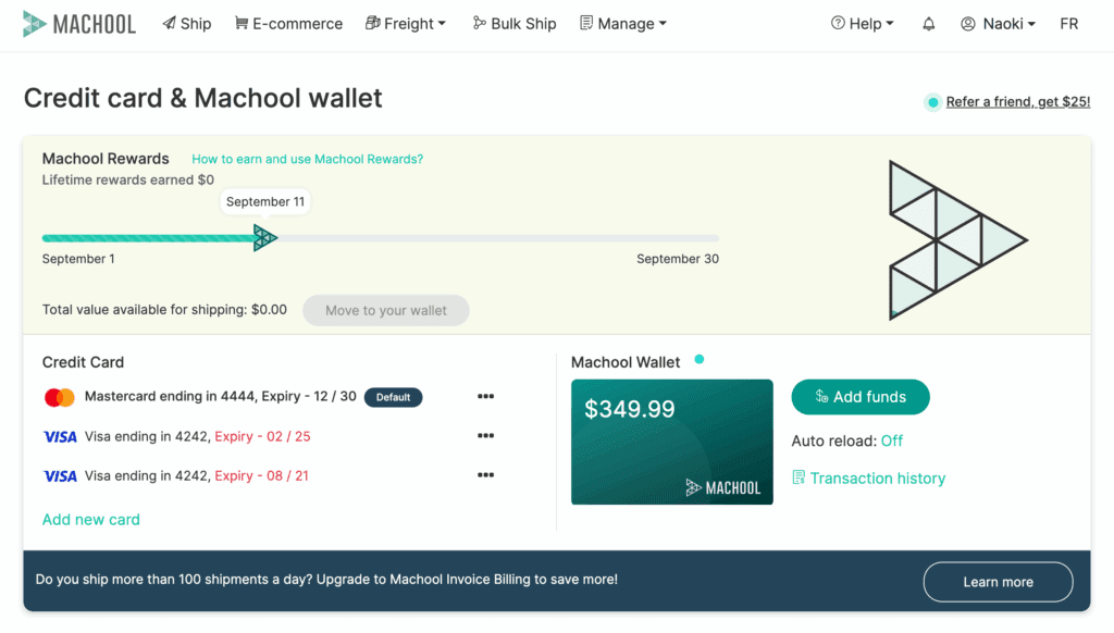 The Billing page in Machool, showing saved cards and monthly statements