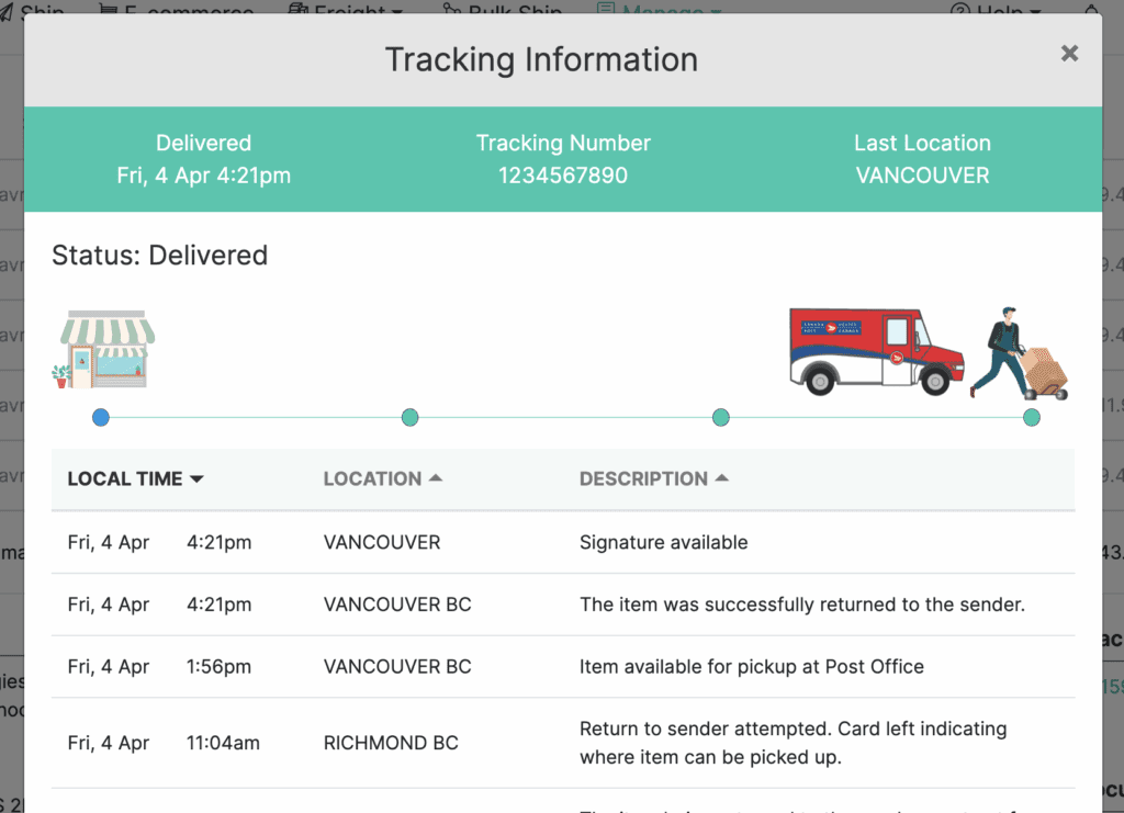 Tracking details for a shipment in Machool