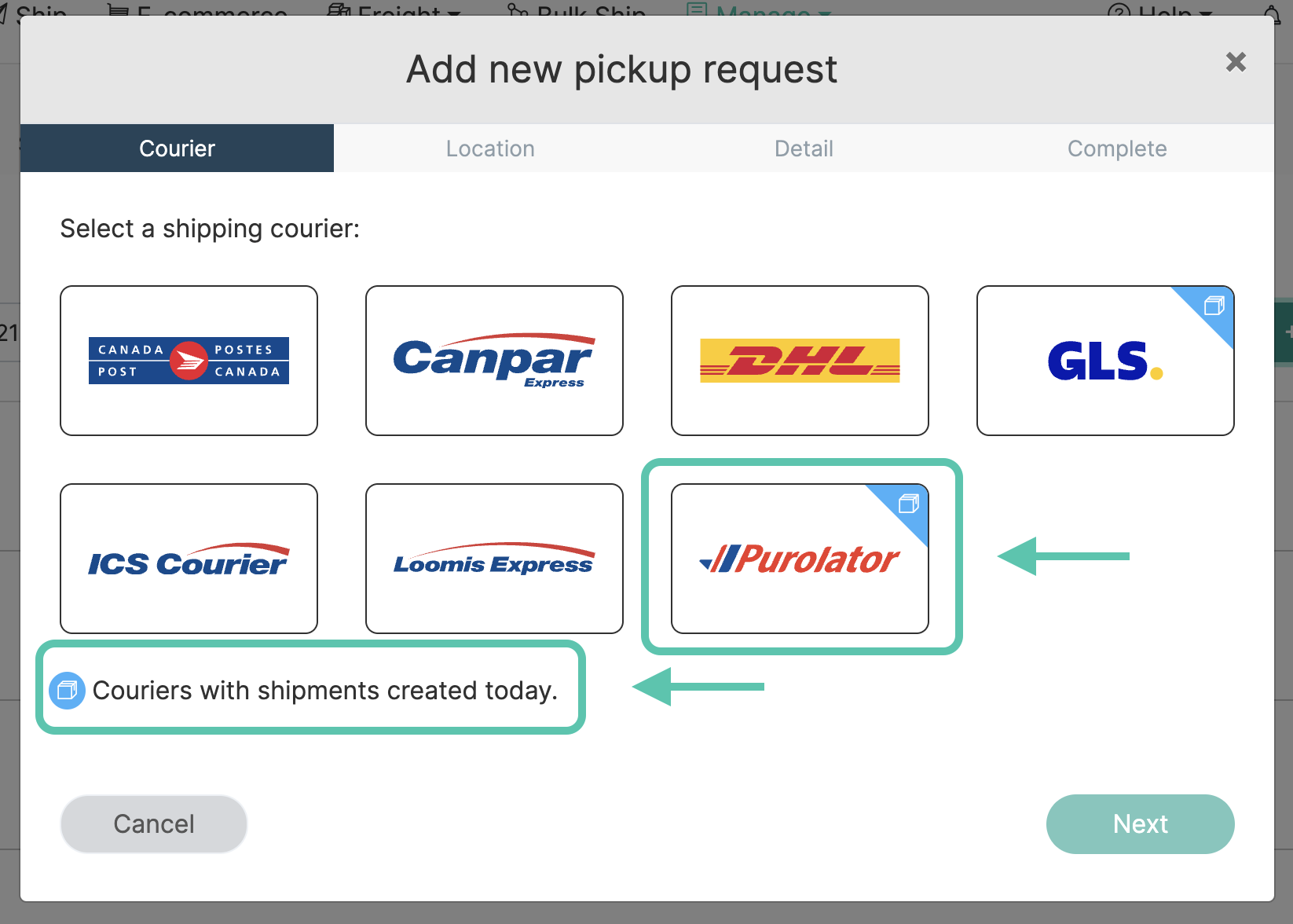 Blue reminder icon on a courier card