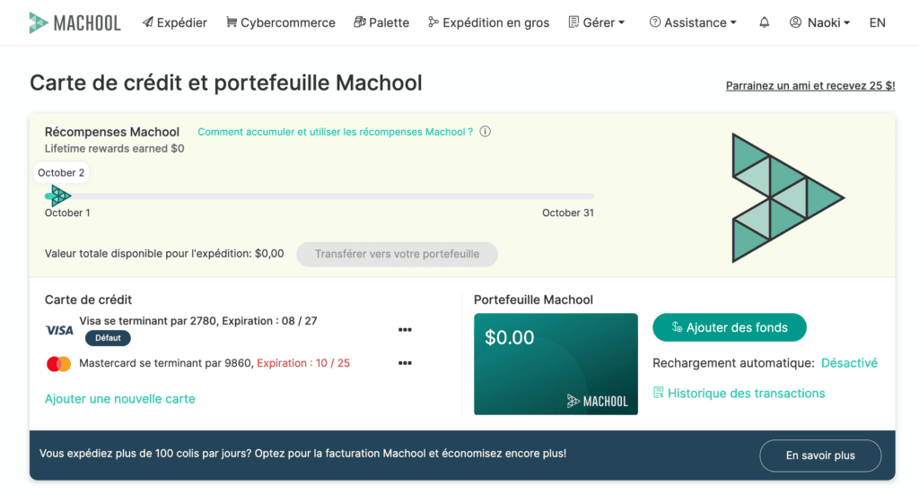 La page Facturation de Machool, avec les cartes enregistrées et les relevés mensuels