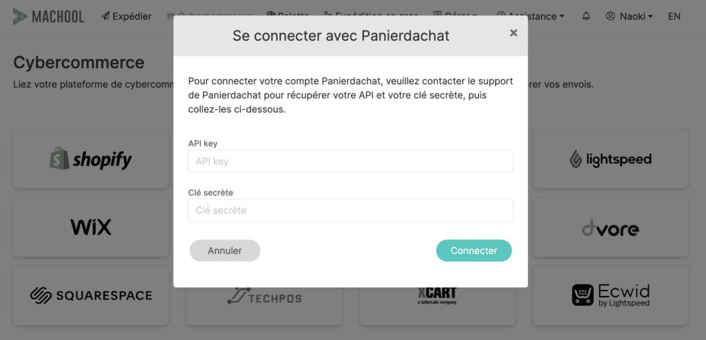 La fenêtre de connexion Panierdachat dans Machool